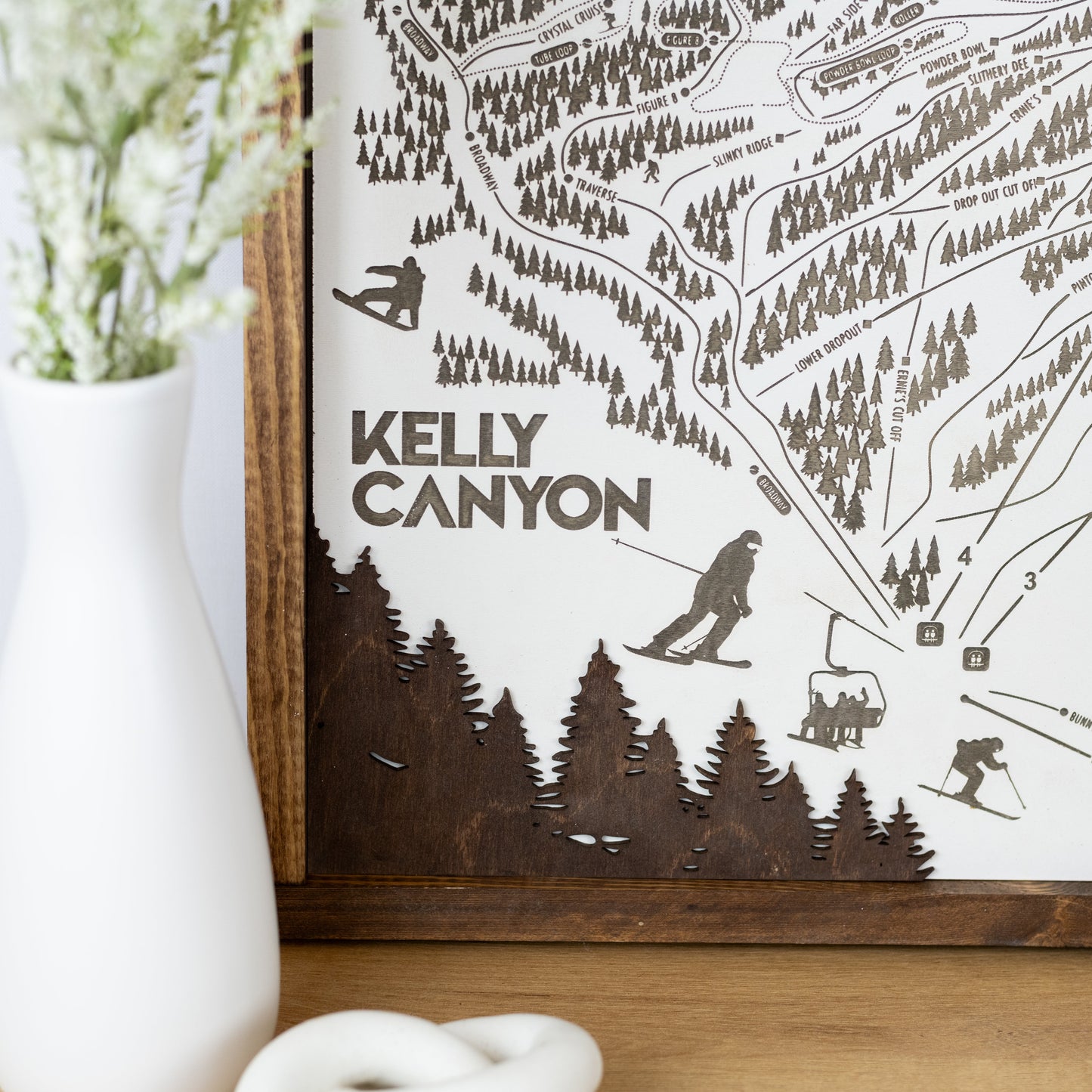 Kelly Canyon Ski Resort Map Sign | Laser Engraved & Framed Wall Art