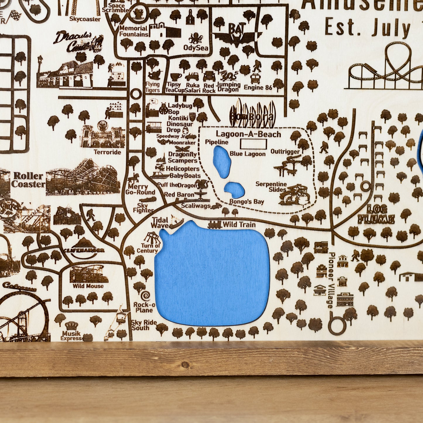 Lagoon Amusement Park Topo Map Sign | Laser Engraved & Framed Wall Art