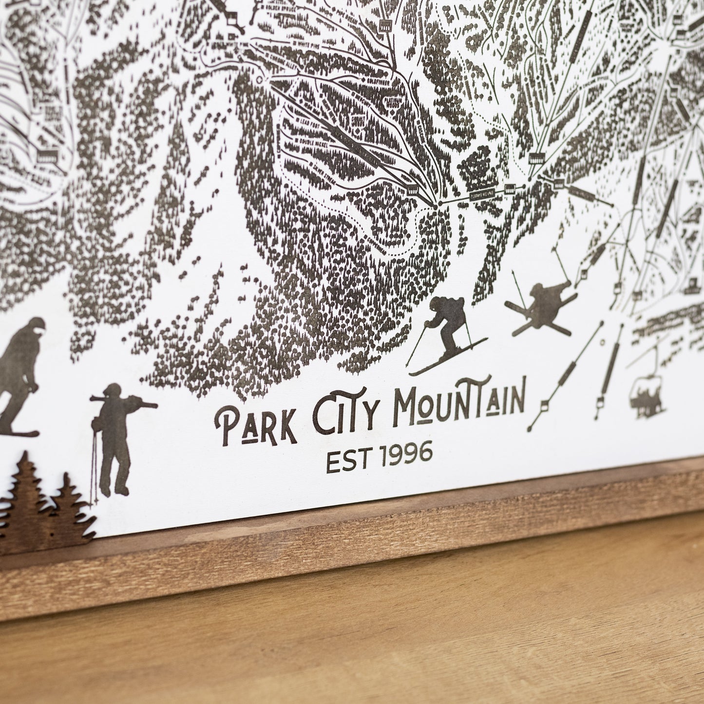 Laser-engraved Park City Mountain ski map with close-up title showing Park City Mountain est 1996