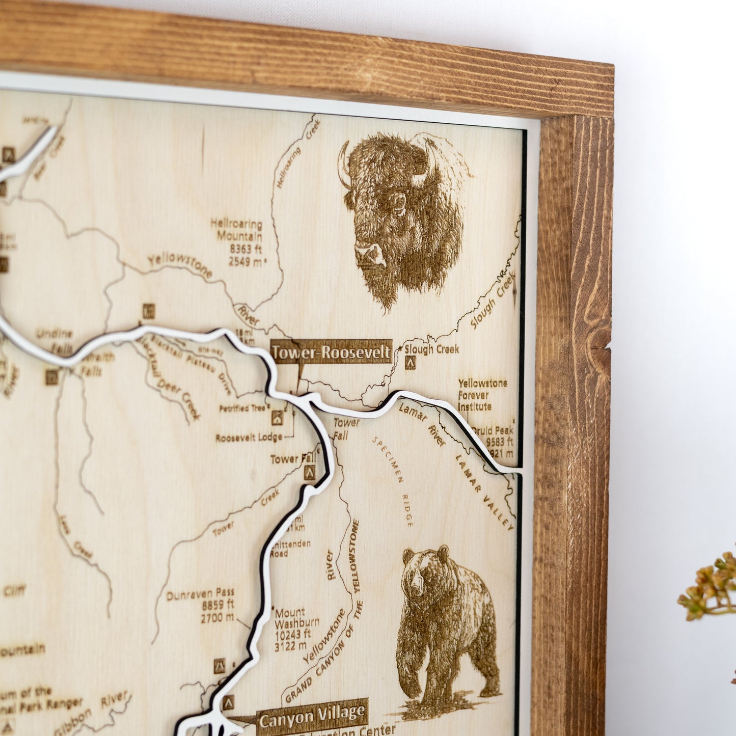 Yellowstone National Park close up of top right corner featuring trail names and wildlife details