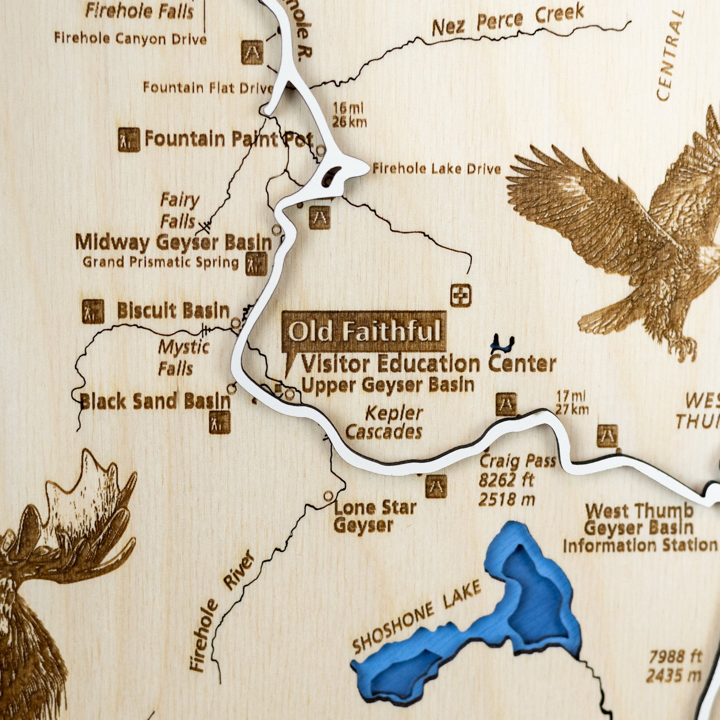 Yellowstone National Park close up of trail names, well known landmarks, and wildlife details