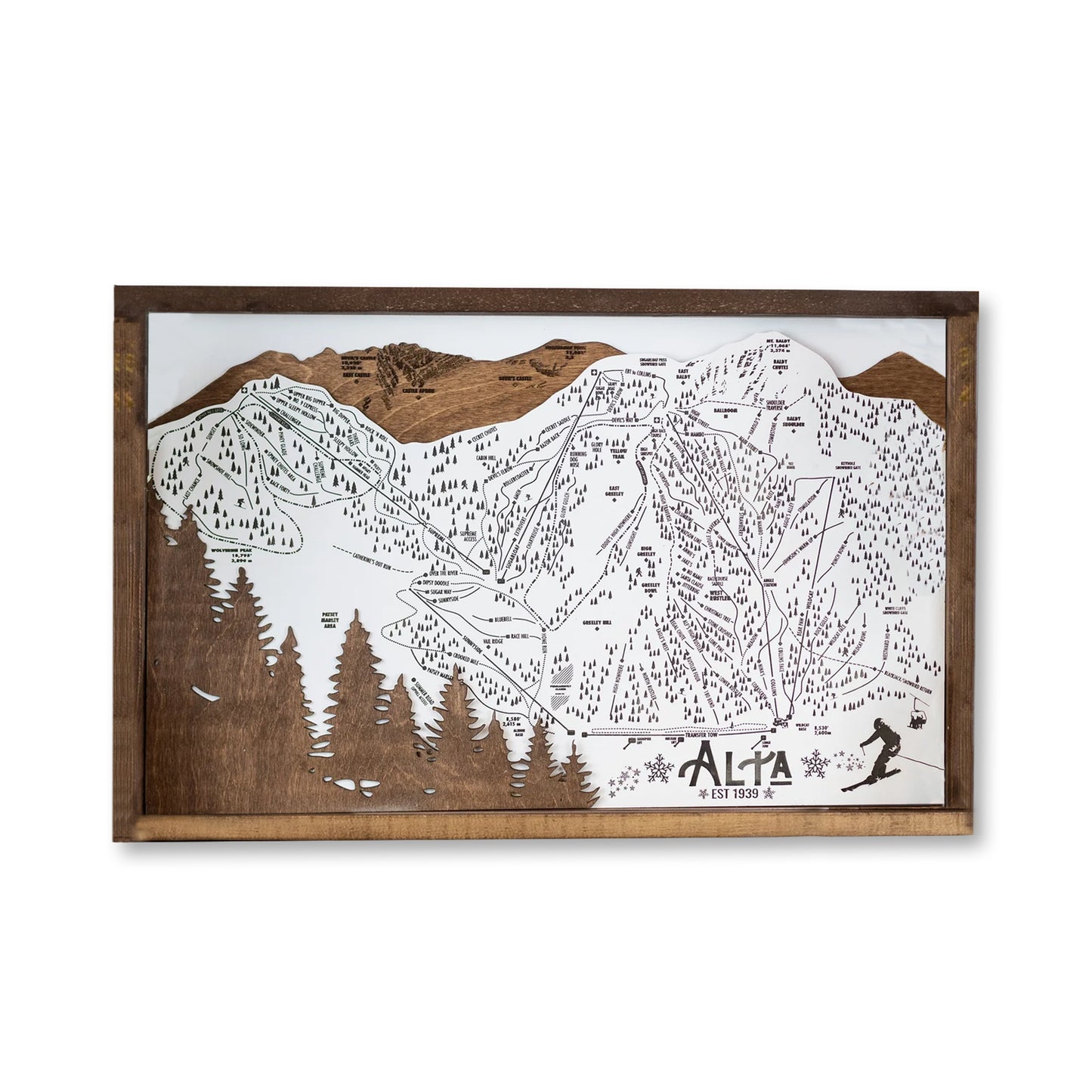 Alta Ski Resort Map Sign | Laser Engraved & Framed Wall Art