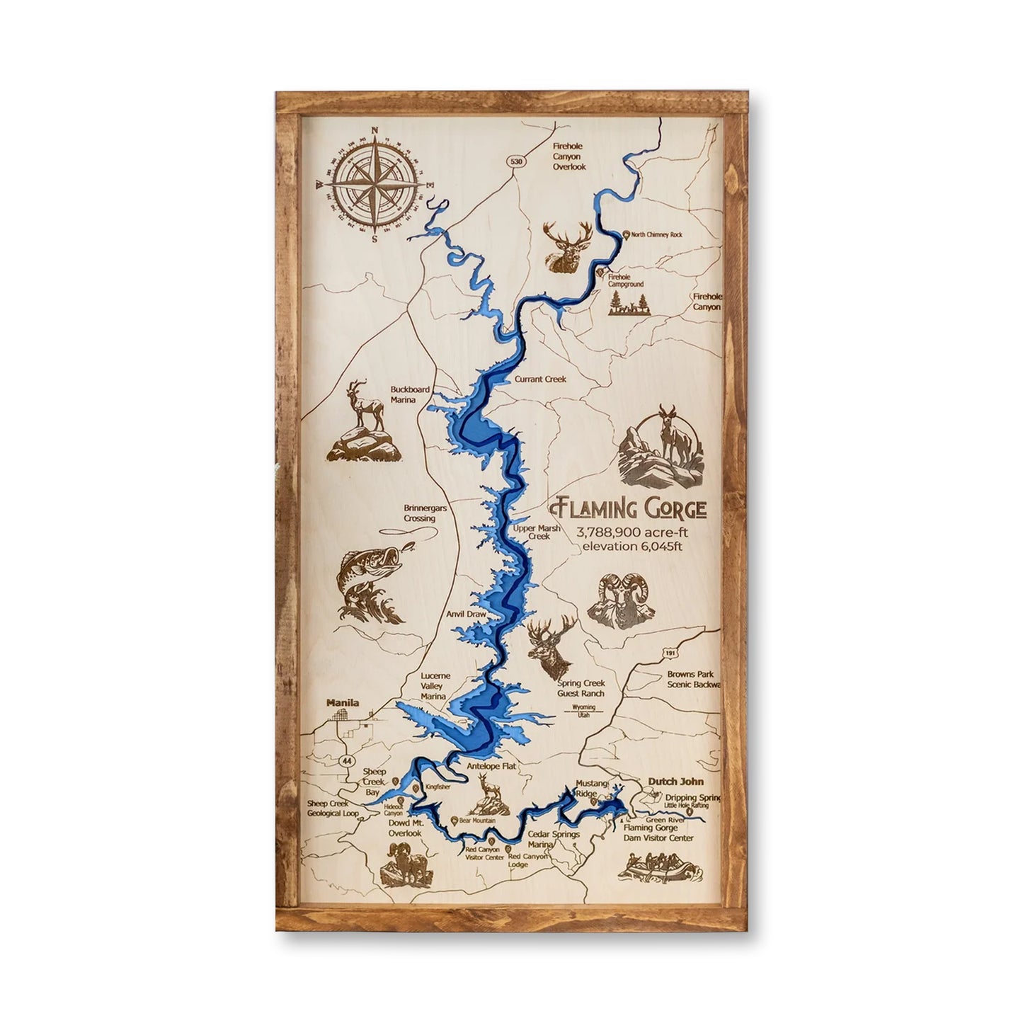 Flaming Gorge Topo Map Sign | Laser Engraved & Framed Wall Art
