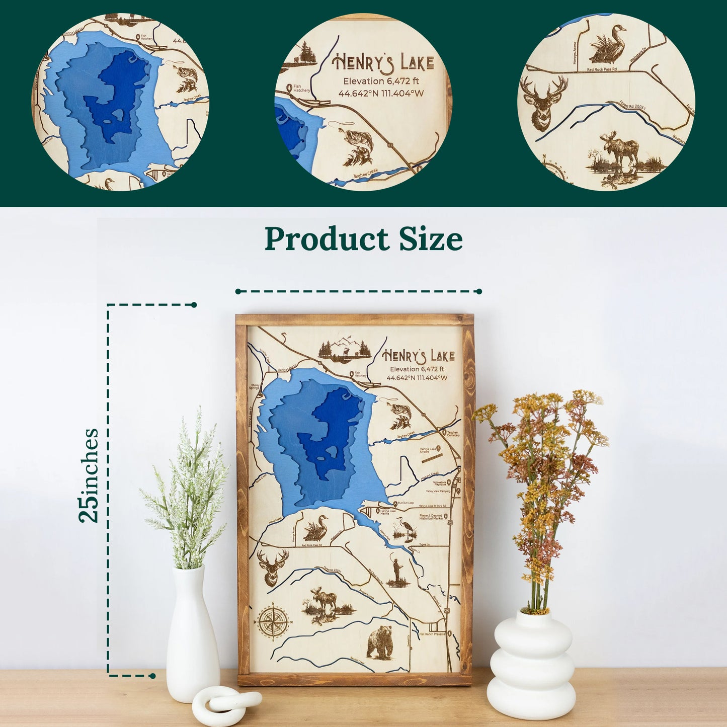 Henry's Lake Idaho Topo Map Sign | Laser Engraved & Framed Wall Art