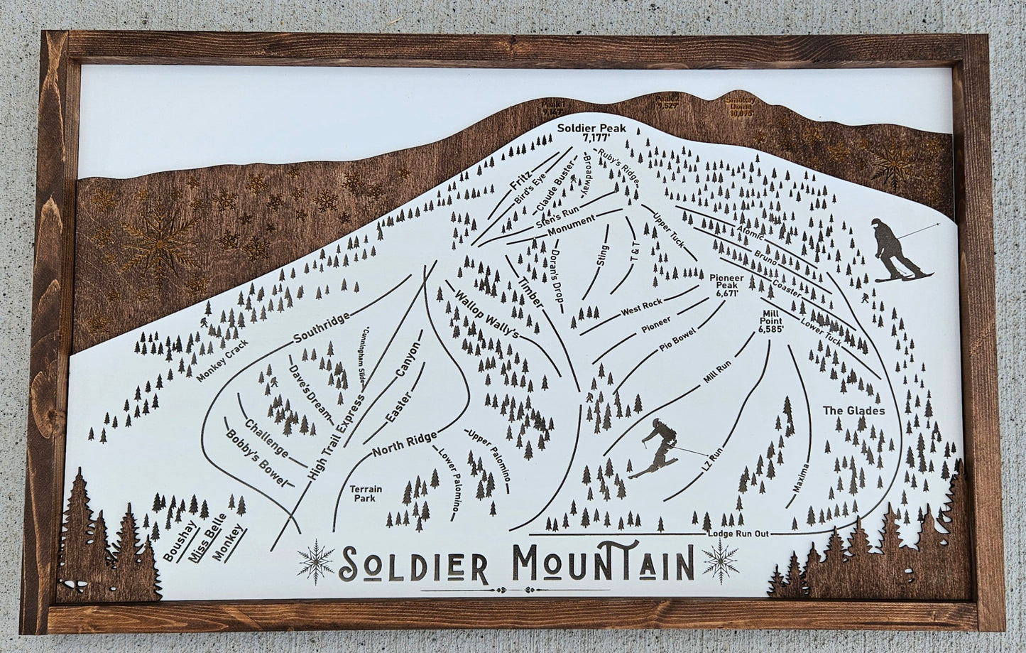Soldier Mountain Ski Resort Map Sign | Laser Engraved & Framed Wall Art