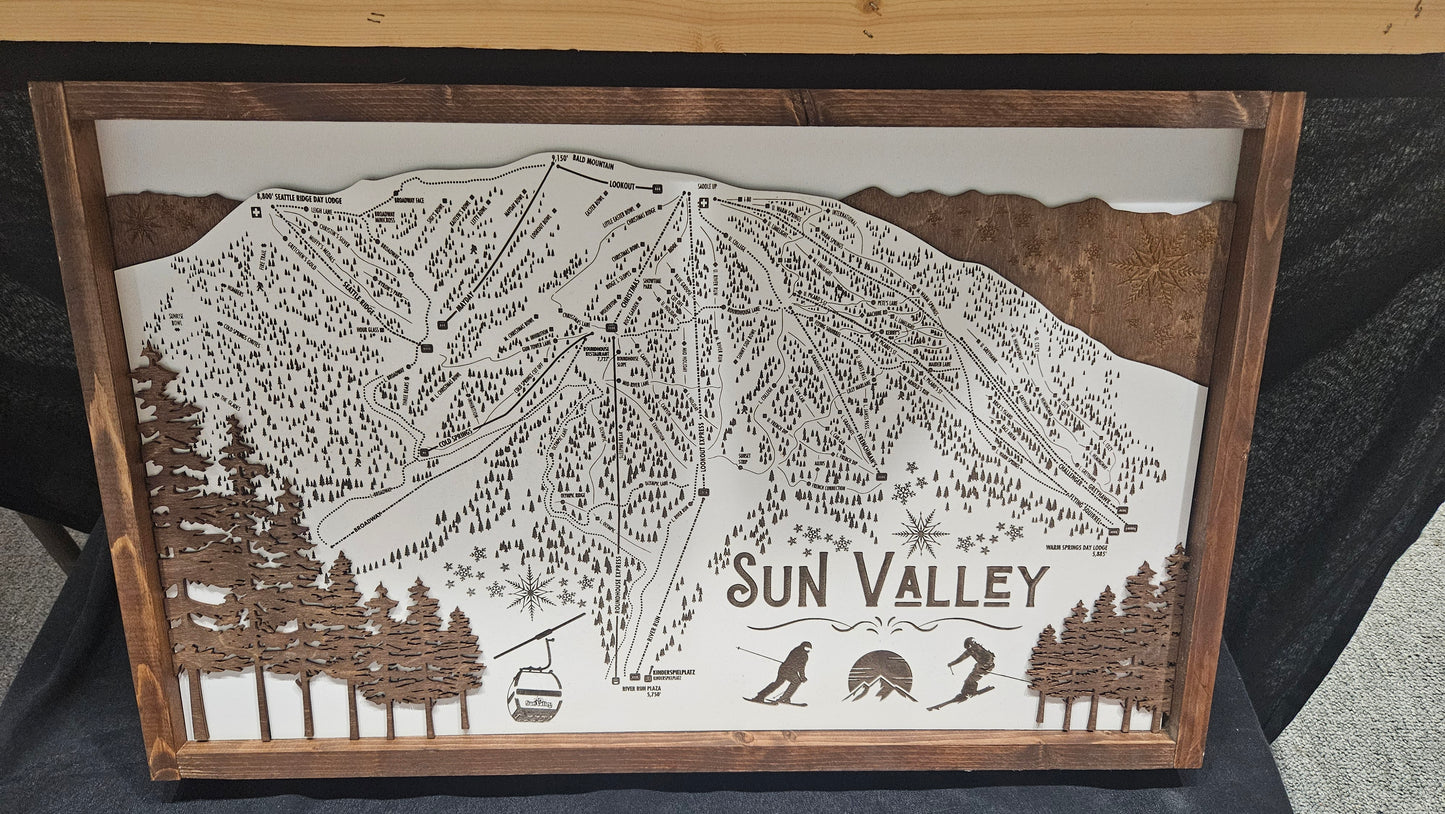 Sun Valley Ski Resort Map Sign | Laser Engraved & Framed Wall Art