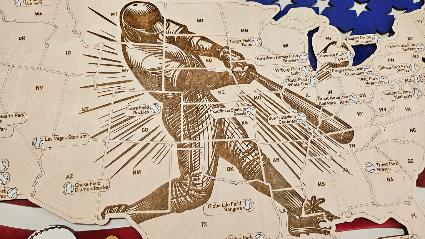 American Baseball Stadiums Map w/Baseball Markers | Laser Engraved & Framed Wall Art