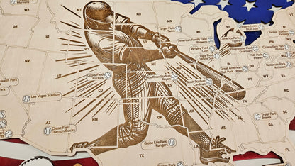 American Baseball Stadiums Map w/Baseball Markers | Laser Engraved & Framed Wall Art