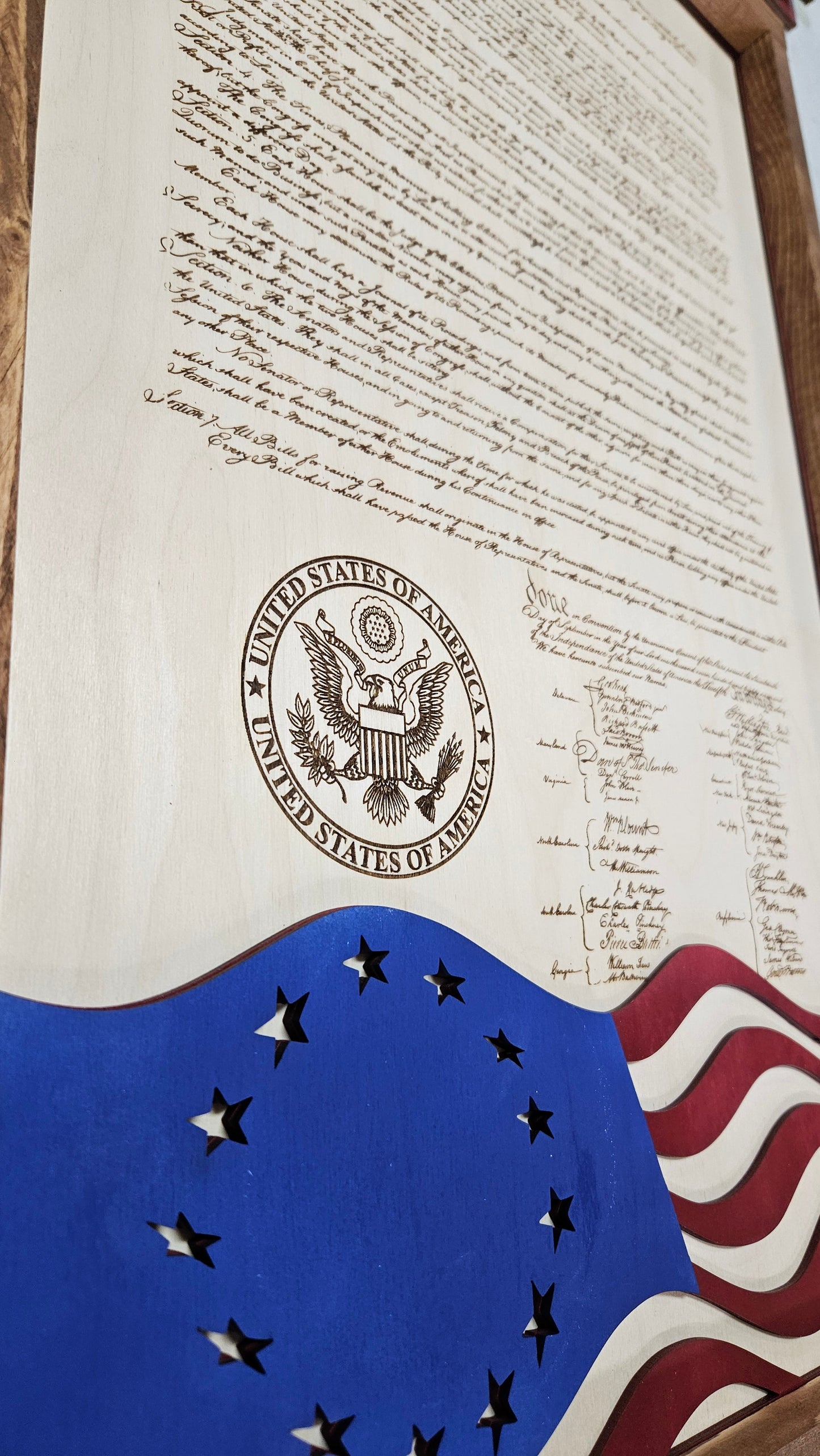 United States Constitution & Flag Design | Patriotic Laser Engraved & Framed Wall Art