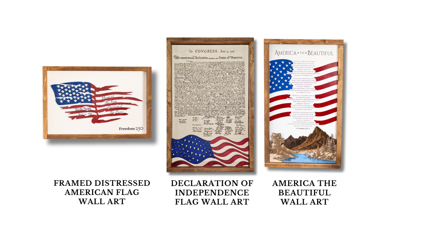 Declaration of Independence & America The Beautiful Sign & Framed Distressed American Flag  | Patriotic Laser Engraved & Framed Wall Art