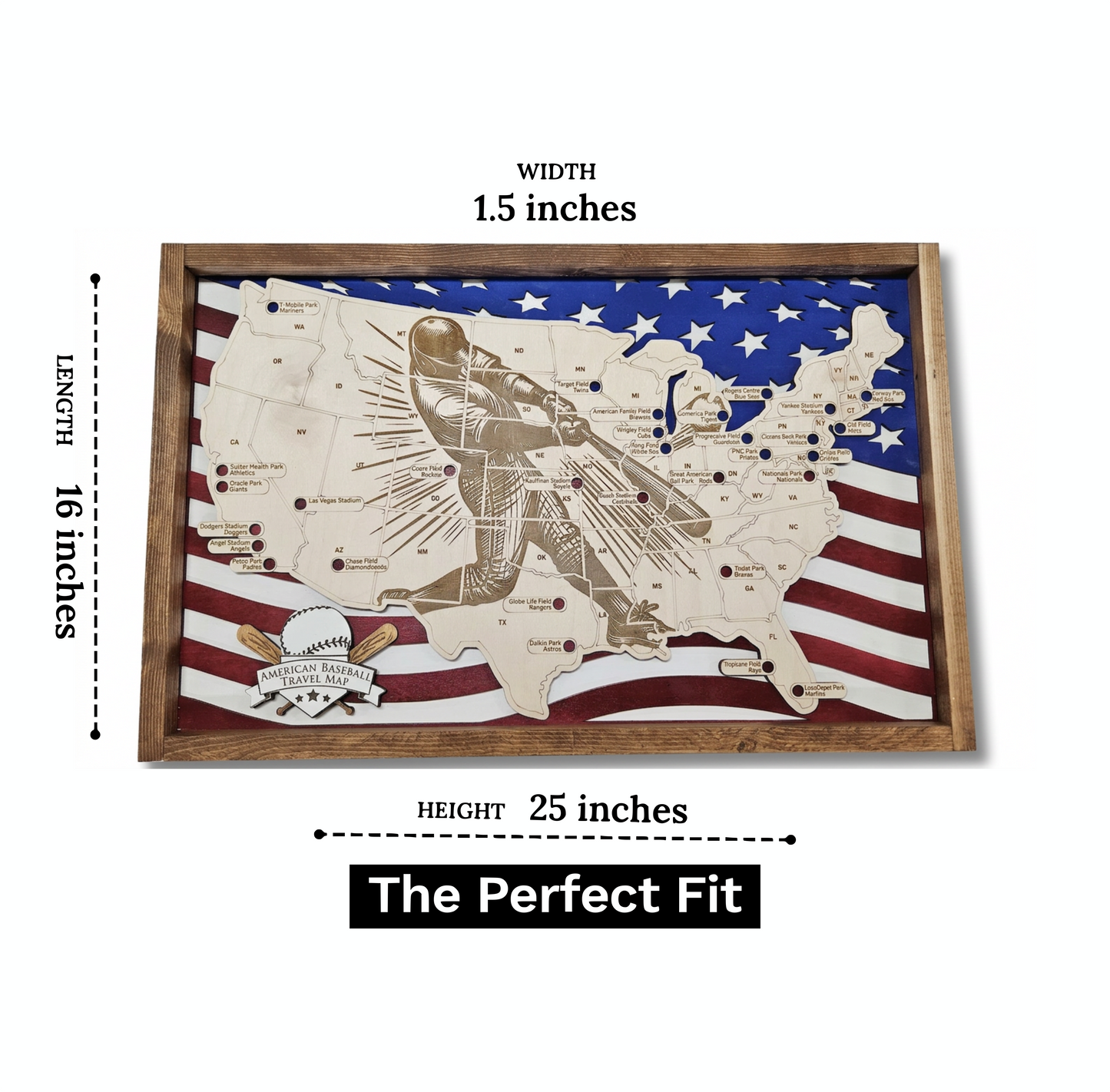 American Baseball Stadiums Map w/Baseball Markers | Laser Engraved & Framed Wall Art