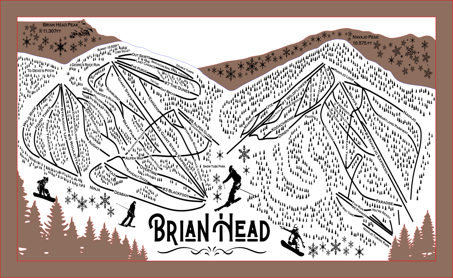 Brian Head Ski Resort Map Sign | Laser Engraved & Framed Wall Art
