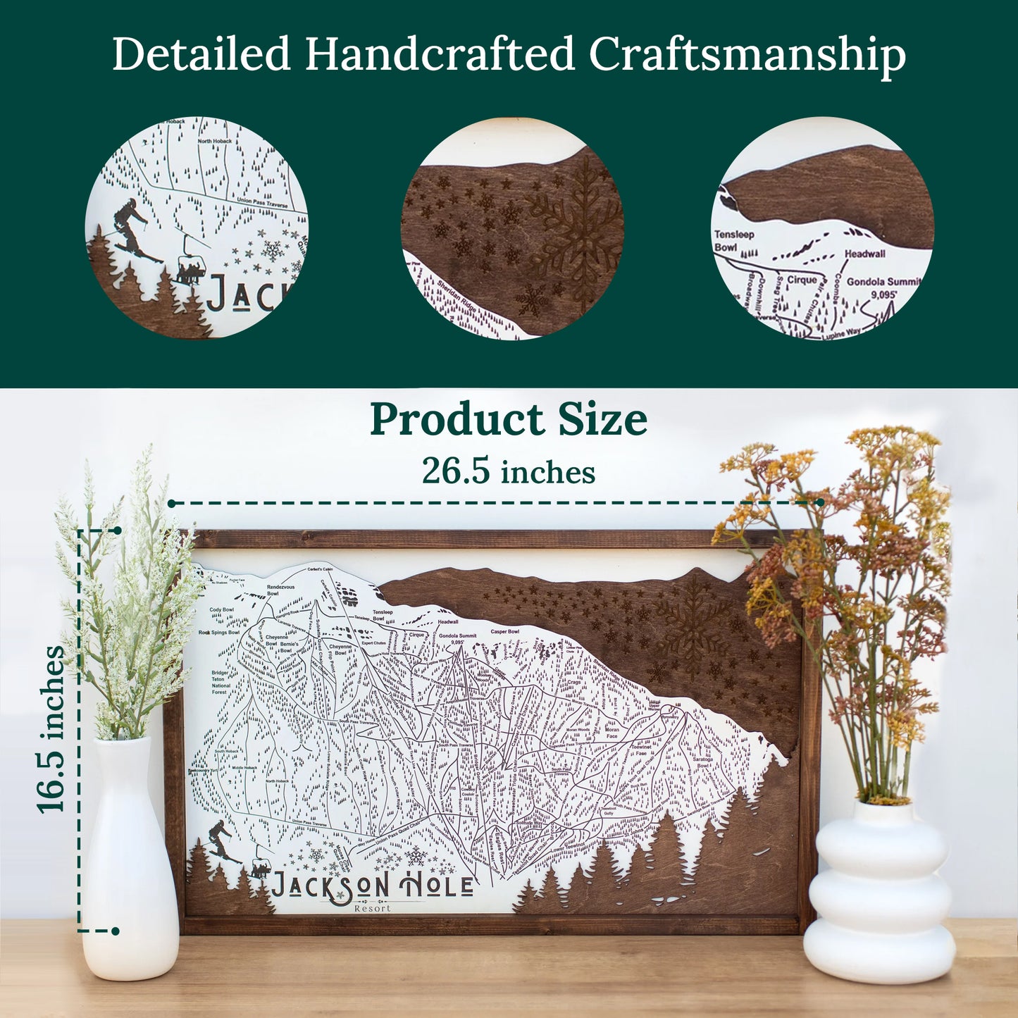 Jackson Hole Ski Resort Map Sign | Laser Engraved & Framed Wall Art