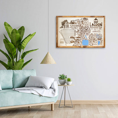 Lagoon Amusement Park Topo Map Sign | Laser Engraved & Framed Wall Art