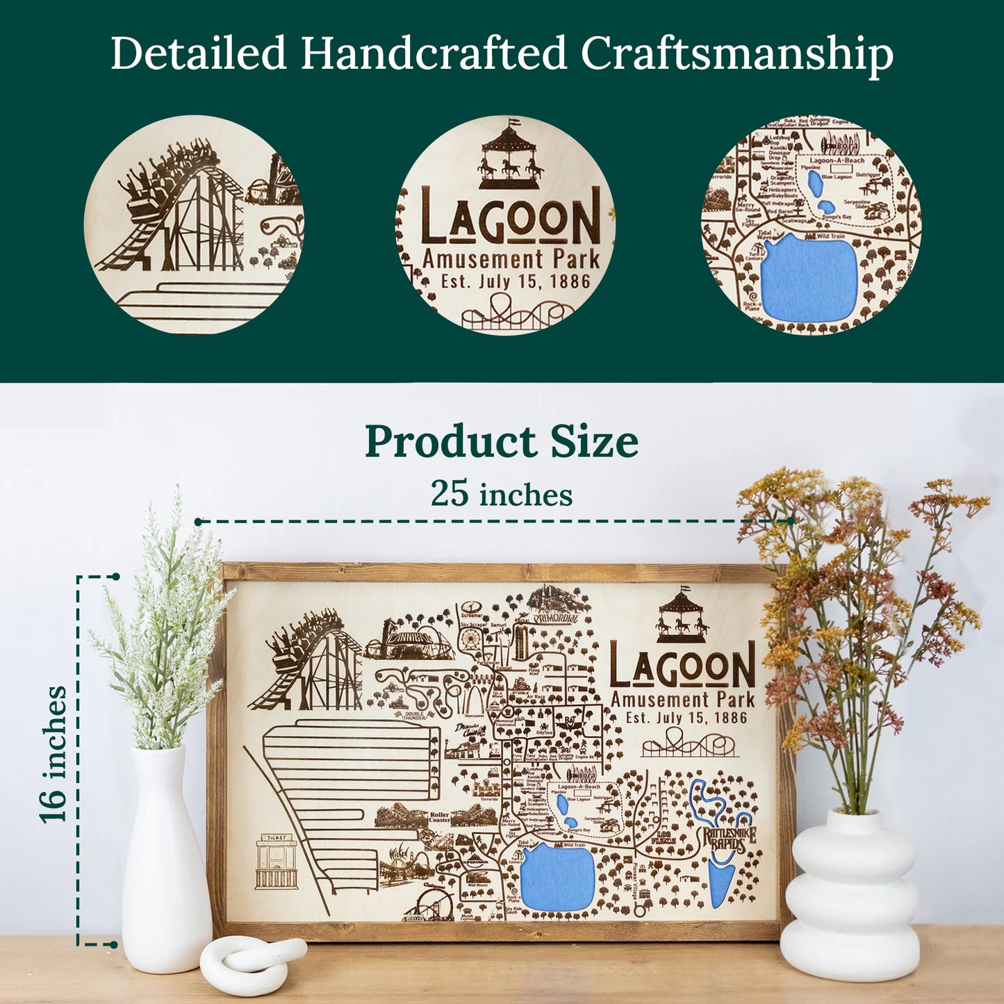 Lagoon Amusement Park Topo Map Sign | Laser Engraved & Framed Wall Art