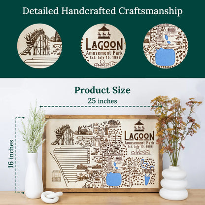 Lagoon Amusement Park Topo Map Sign | Laser Engraved & Framed Wall Art