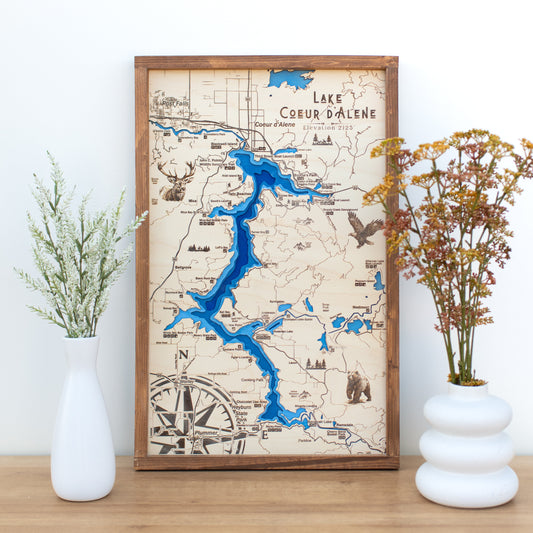 Lake Coeur D'Alene Topo Map Sign | Laser Engraved & Framed Wall Art