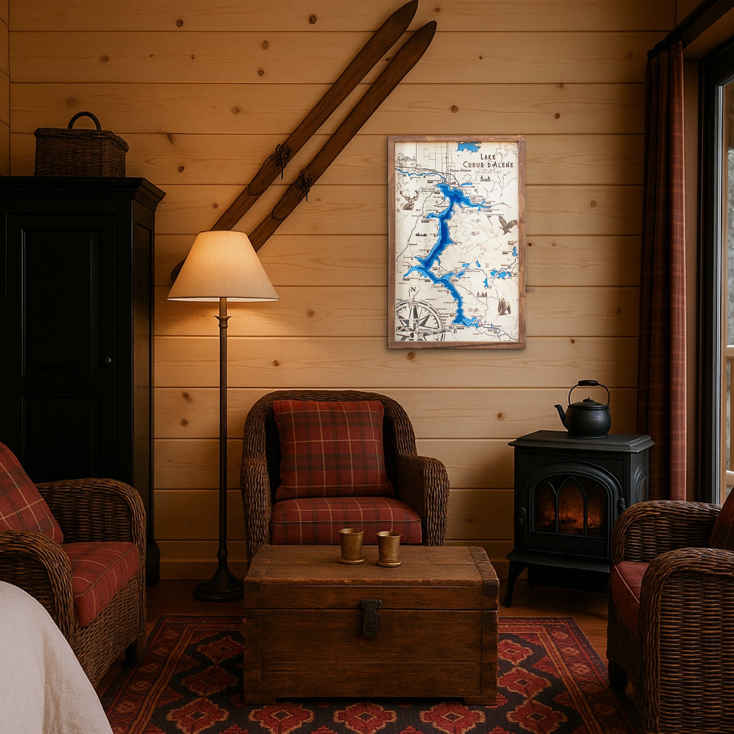 Lake Coeur D'Alene Topo Map Sign | Laser Engraved & Framed Wall Art