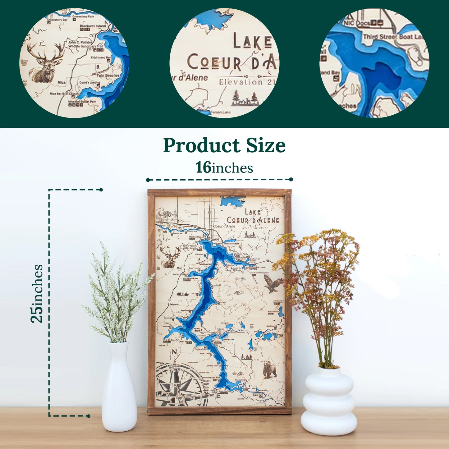 Lake Coeur D'Alene Topo Map Sign | Laser Engraved & Framed Wall Art