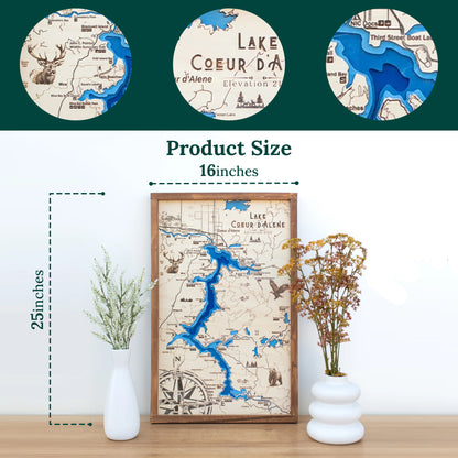 Lake Coeur D'Alene Topo Map Sign | Laser Engraved & Framed Wall Art