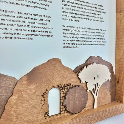 The Living Christ wooden sign with resurrection tomb scene