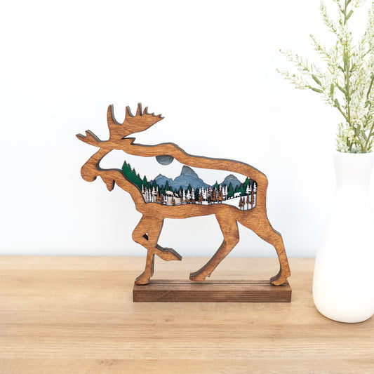 Moose Mountain Scene | Multi-layered Laser-cut Wood Decor