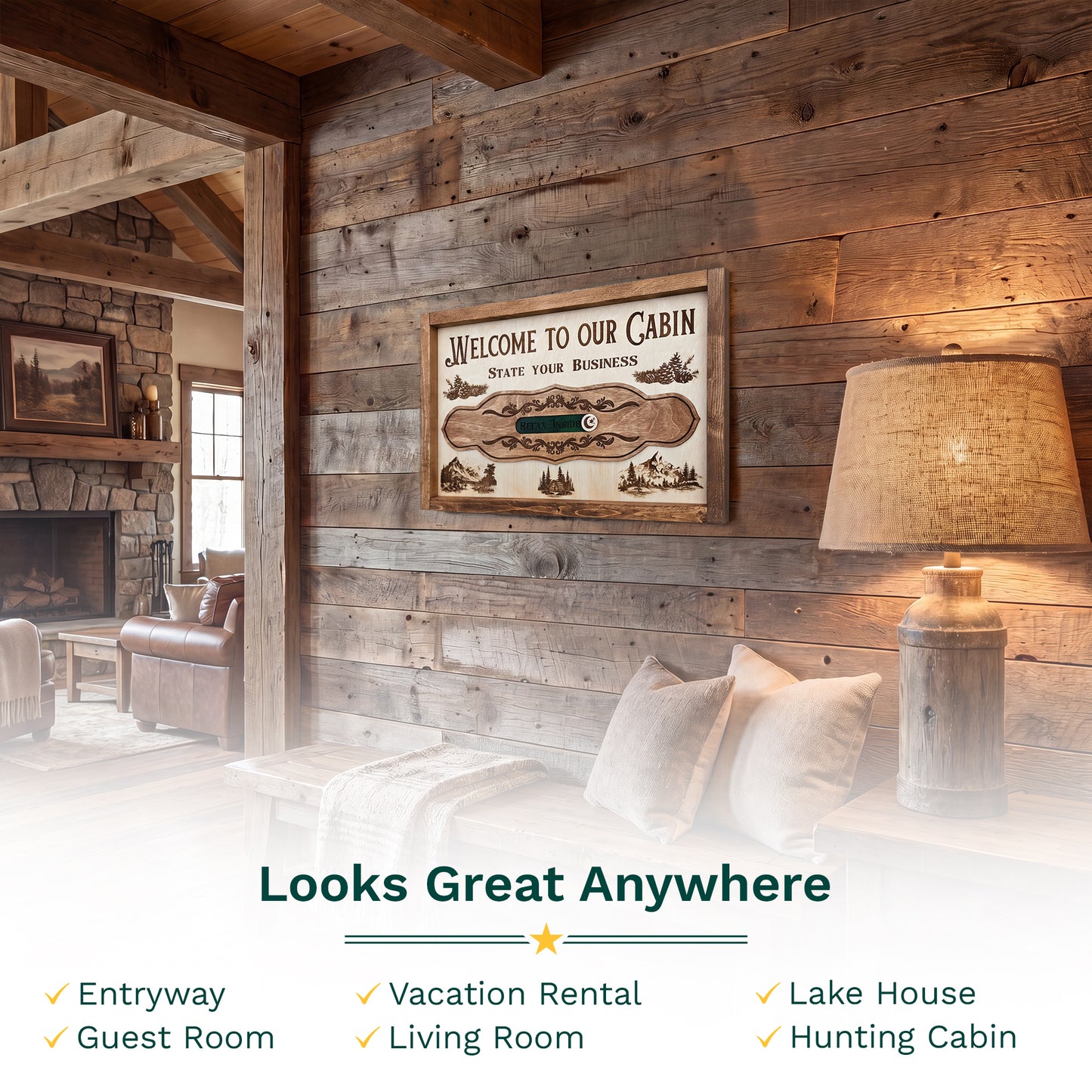Welcome to Our Cabin | Framed Interactive Rustic Wooden Sign