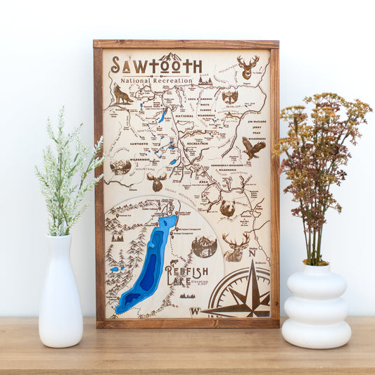 Sawtooth National Recreation Topo Map Sign | Laser Engraved & Framed Wall Art