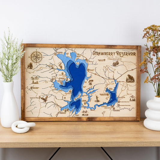 Strawberry Reservoir Topo Map Sign | Laser Engraved & Framed Wall Art