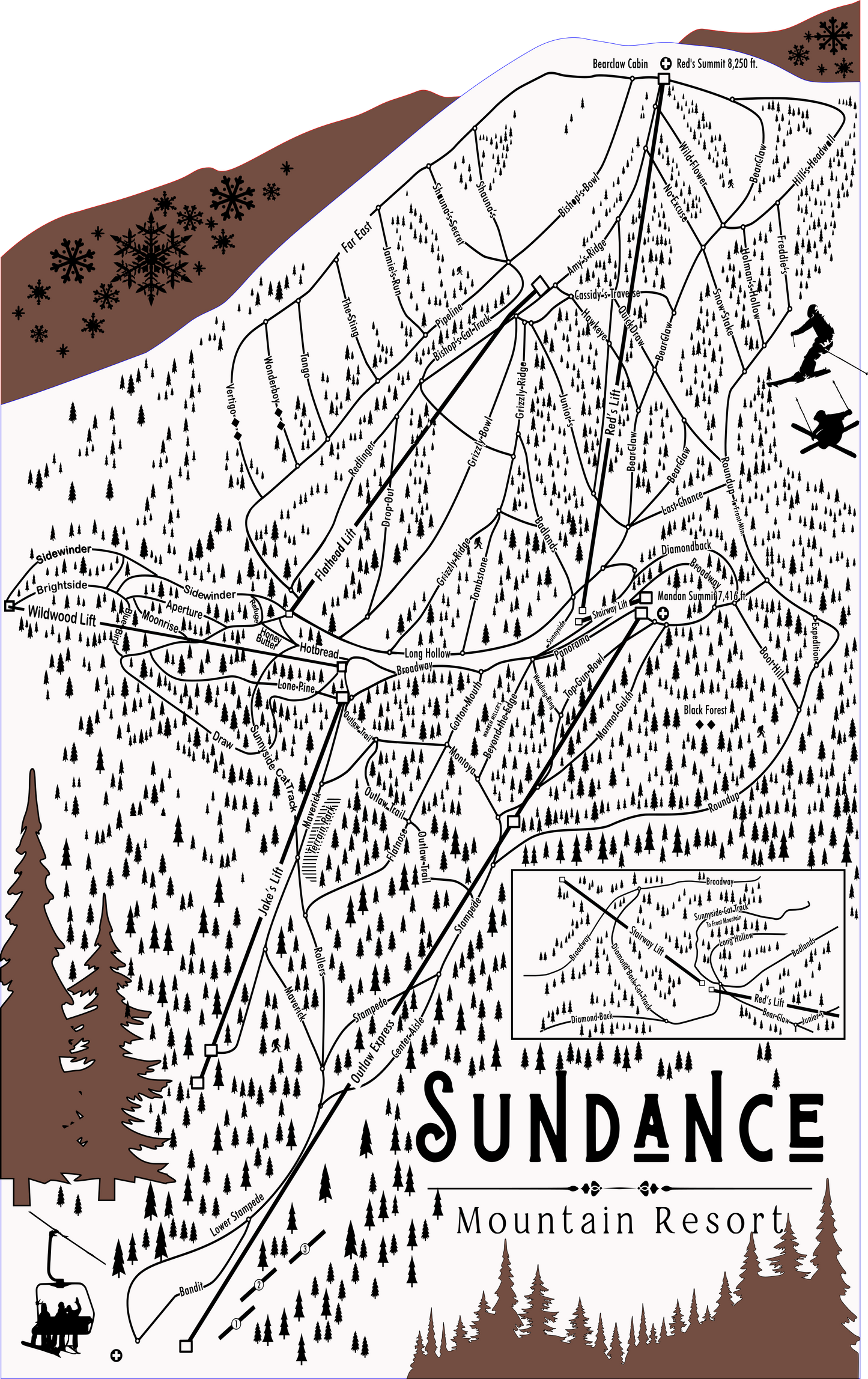 Sundance Ski Resort Map Sign | Laser Engraved & Framed Wall Art