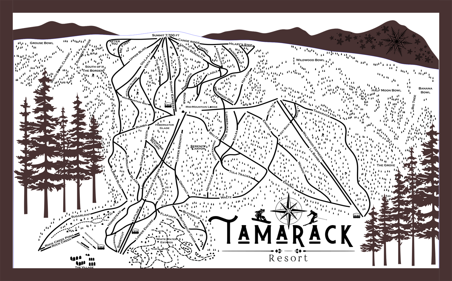 Tamarack Ski Resort Map Sign | Laser Engraved & Framed Wall Art
