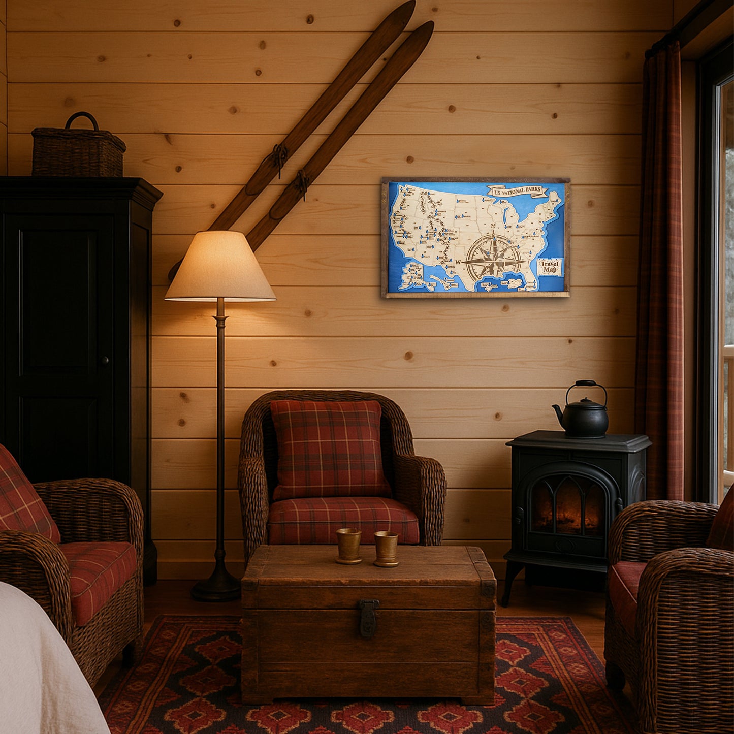 US National Parks Map Sign w/ Tree Markers | Laser Engraved & Framed Wall Art