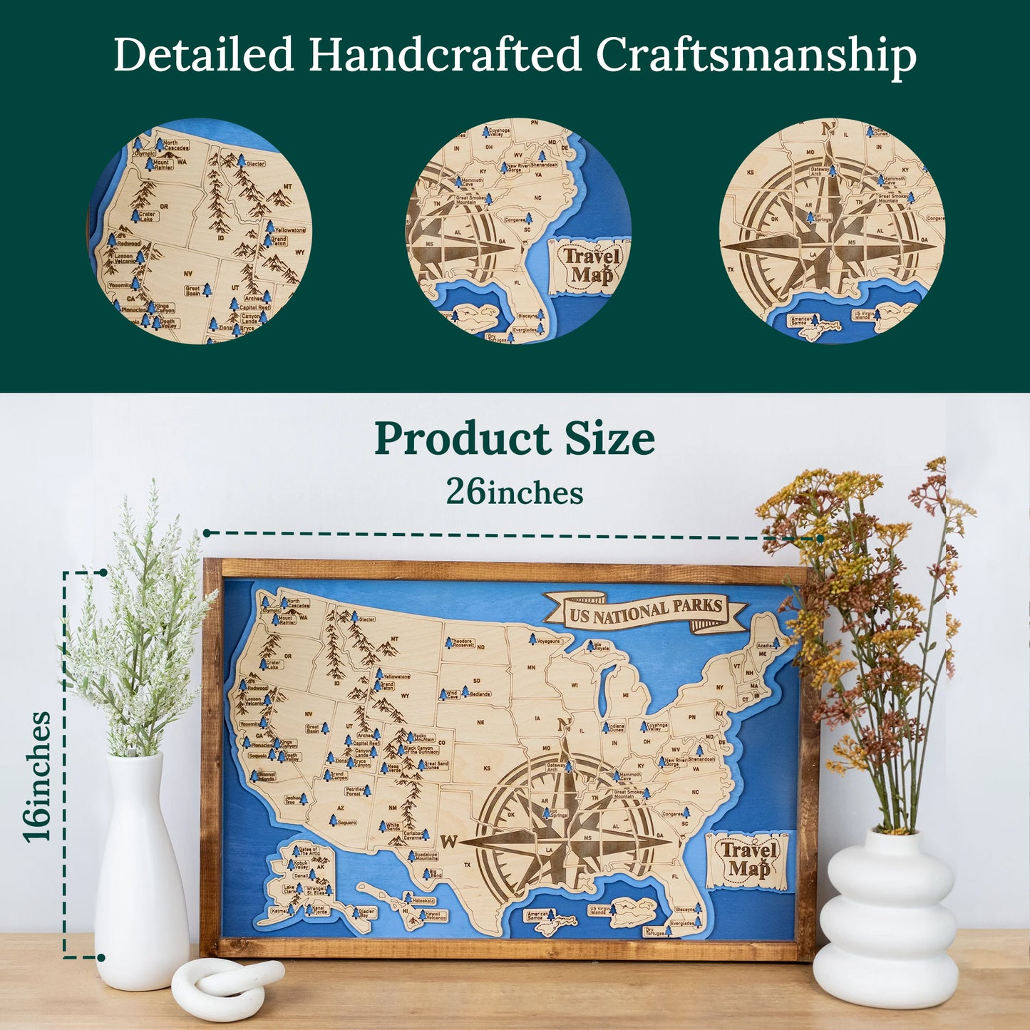 US National Parks Map Sign w/ Tree Markers | Laser Engraved & Framed Wall Art