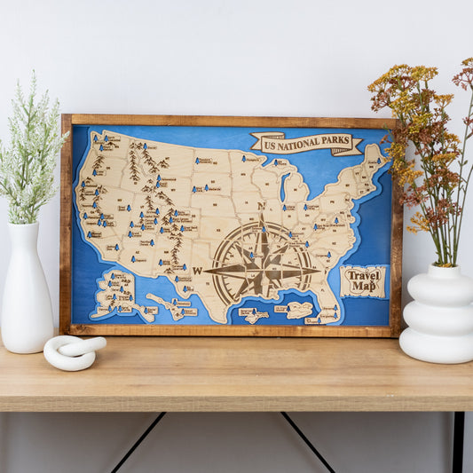 US National Parks Map Sign w/ Tree Markers | Laser Engraved & Framed Wall Art