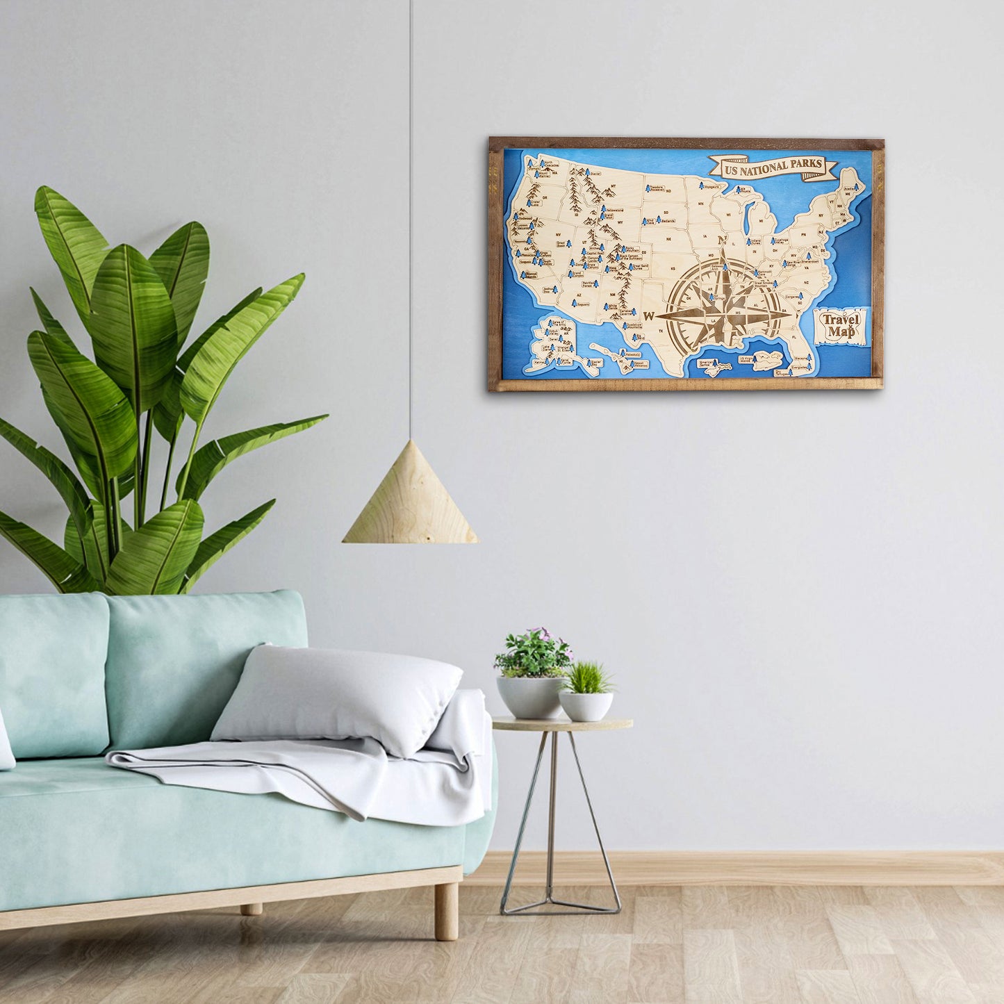 US National Parks Map Sign w/ Tree Markers | Laser Engraved & Framed Wall Art