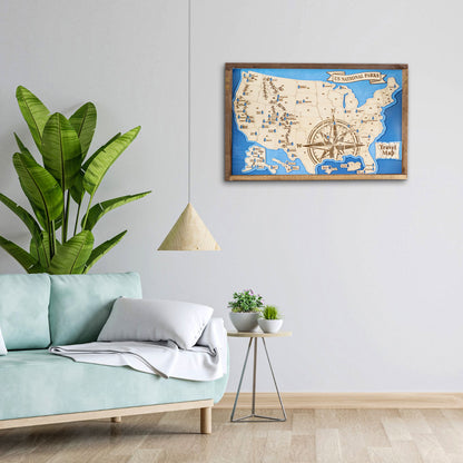 US National Parks Map Sign w/ Tree Markers | Laser Engraved & Framed Wall Art