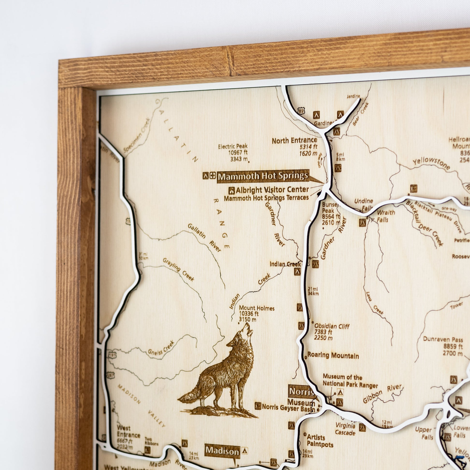Yellowstone National Park close up of   top left corner featuring trail names, famous landmarks, and wildlife details