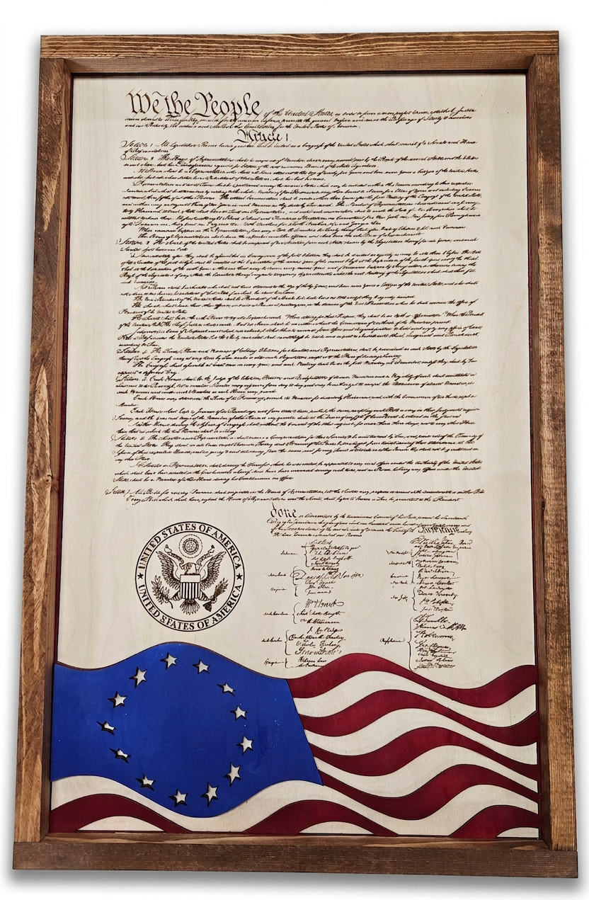 United States Constitution & Flag Design | Patriotic Laser Engraved & Framed Wall Art