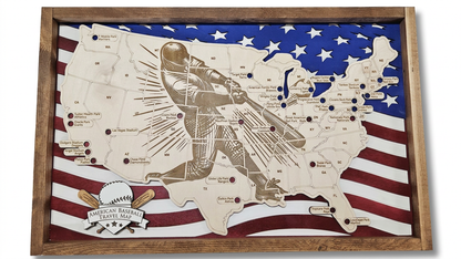 American Baseball Stadiums Map w/Baseball Markers | Laser Engraved & Framed Wall Art