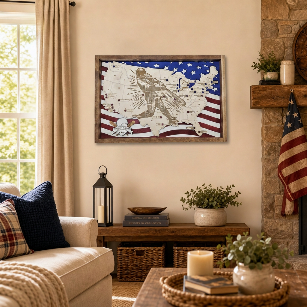 American Baseball Stadiums Map w/Baseball Markers | Laser Engraved & Framed Wall Art