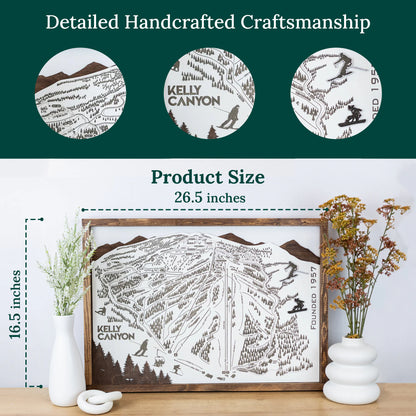 Kelly Canyon Ski Resort Map Sign | Laser Engraved & Framed Wall Art