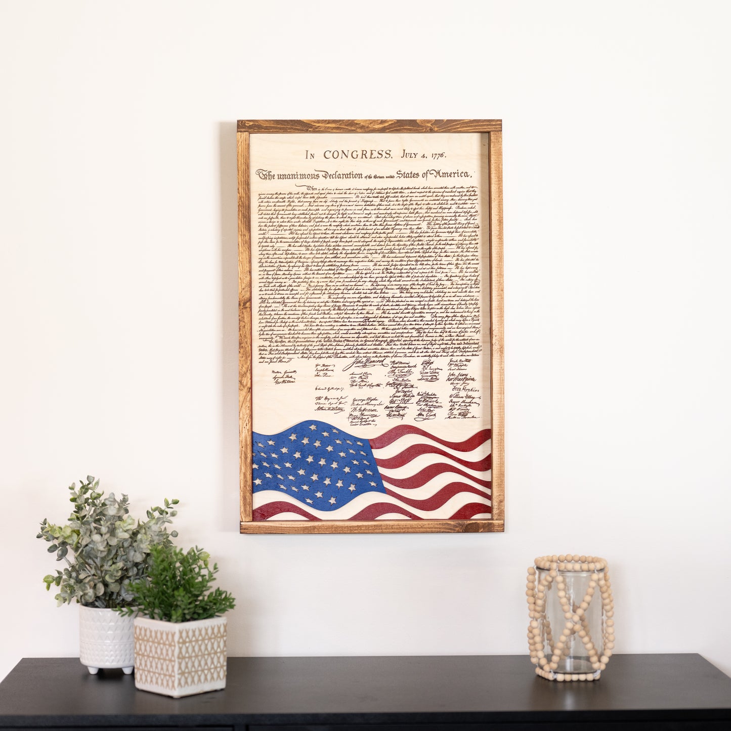 Declaration of Independence & Framed Distressed American Flag | Patriotic Laser Engraved & Framed Wall Art
