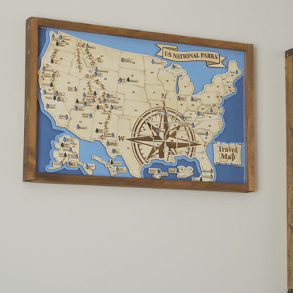 US National Parks Map Sign w/ Tree Markers | Laser Engraved & Framed Wall Art