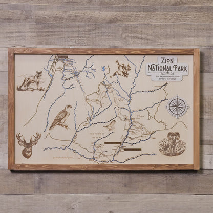 Zion National Park Topographic Map Sign | Laser Engraved & Framed Wall Art