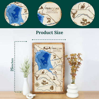 Henry's Lake Idaho Topo Map Sign | Laser Engraved & Framed Wall Art
