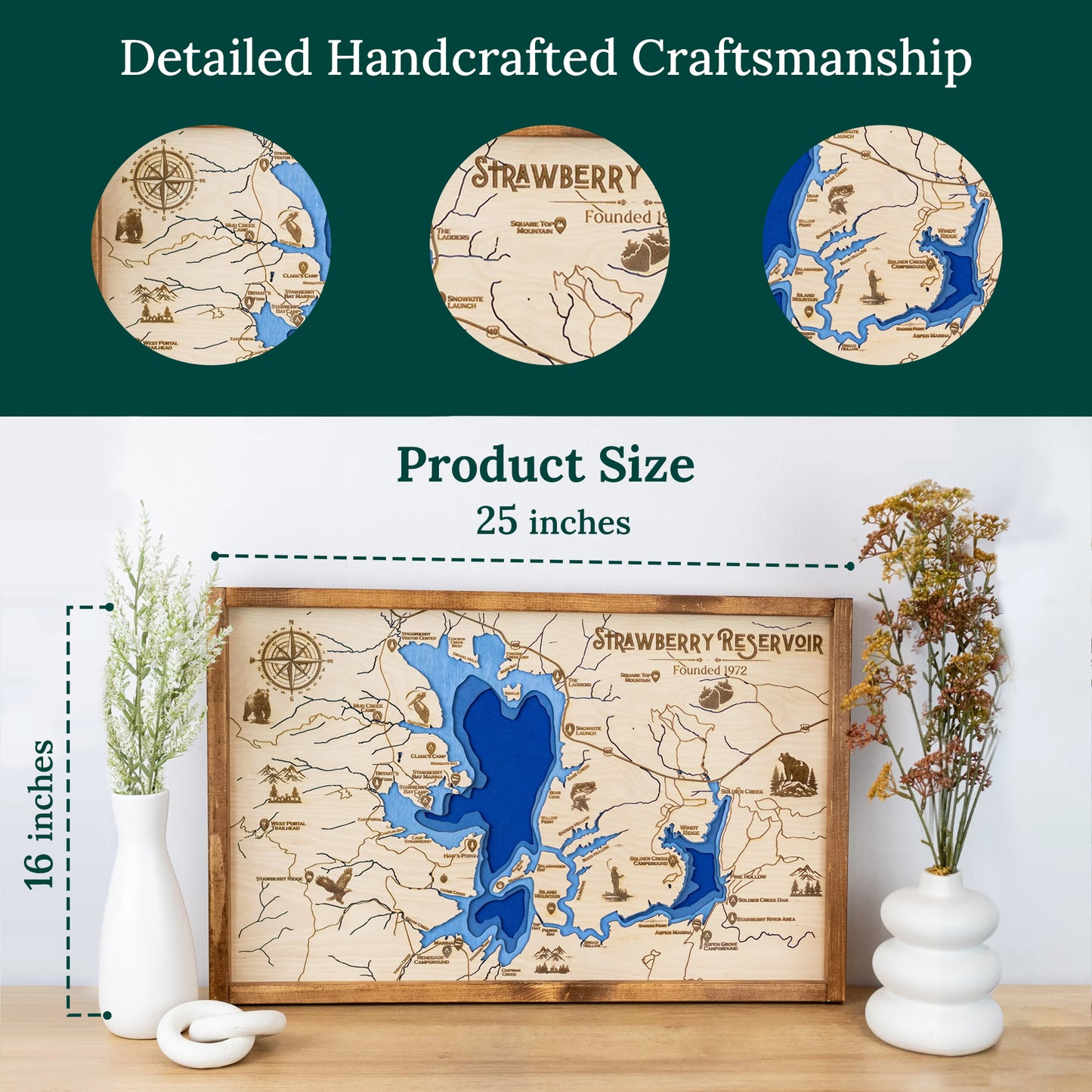 Strawberry Reservoir Topo Map Sign | Laser Engraved & Framed Wall Art